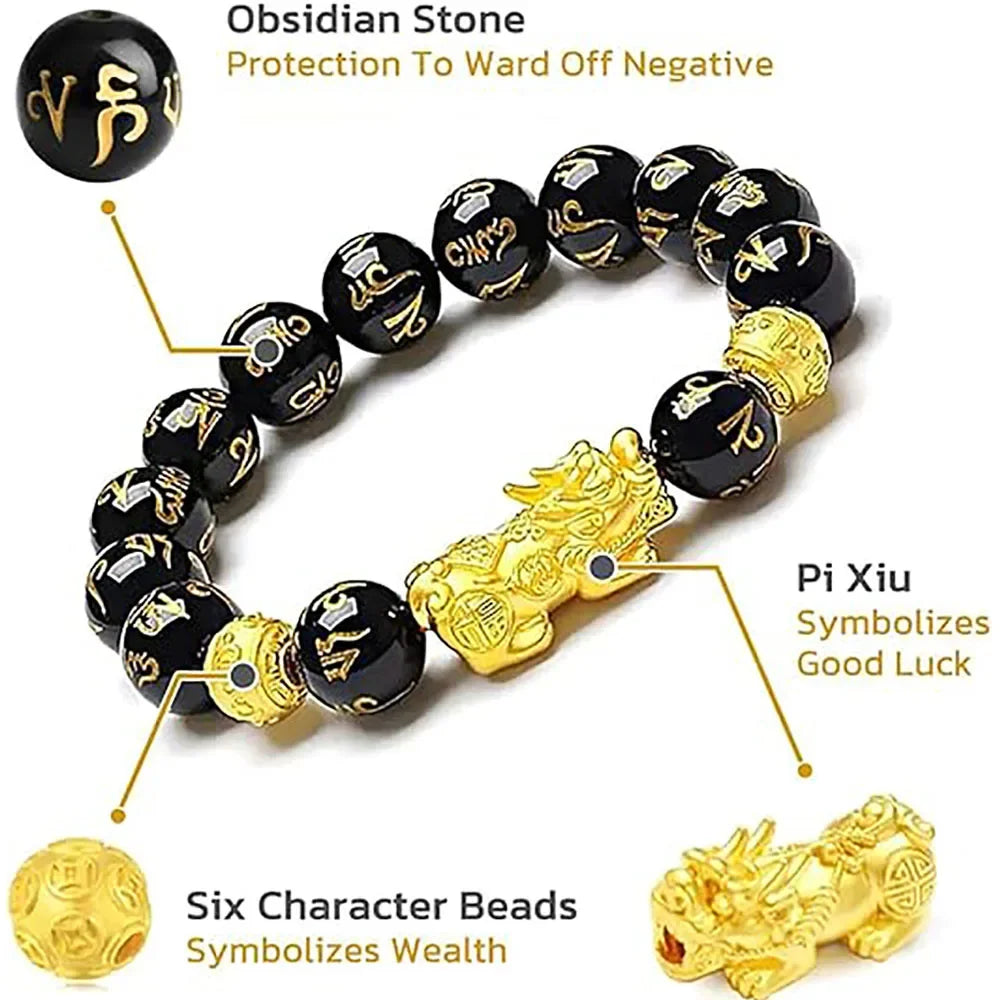 Bracelet de perles et de suerte FengShui, bracelet de perles Pixiu d'obsidienne noire Feng Shui, bracelet de perles de bouddha porte-bonheur